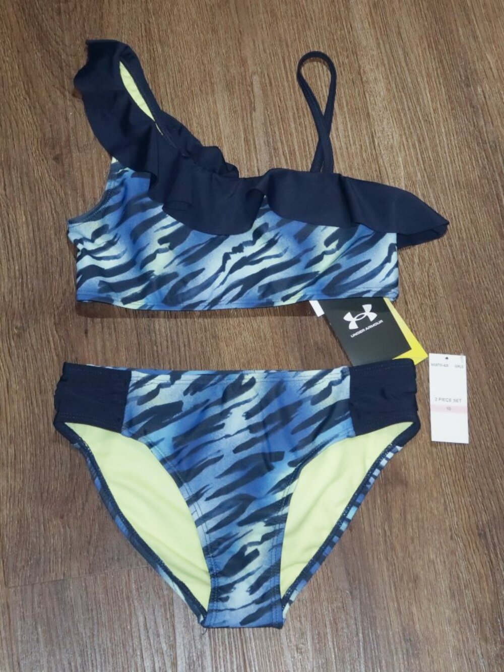 NWT Girls Under Armour Navy Blue Yellow Brush Zebra Bikini Swimsuit 2pc size 10